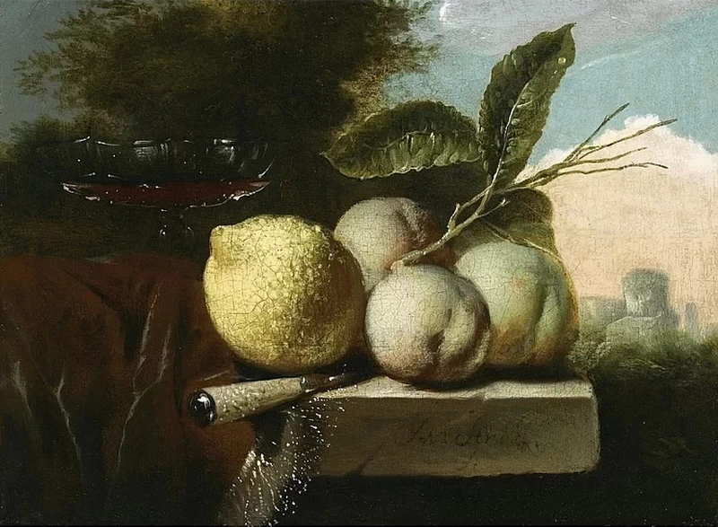 Natura morta con frutta su un piano di pietra in un paesaggio